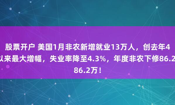 股票开户 美国1月非农新增就业13万人，创去年4月以来最大增幅，失业率降至4.3%，年度非农下修86.2万！